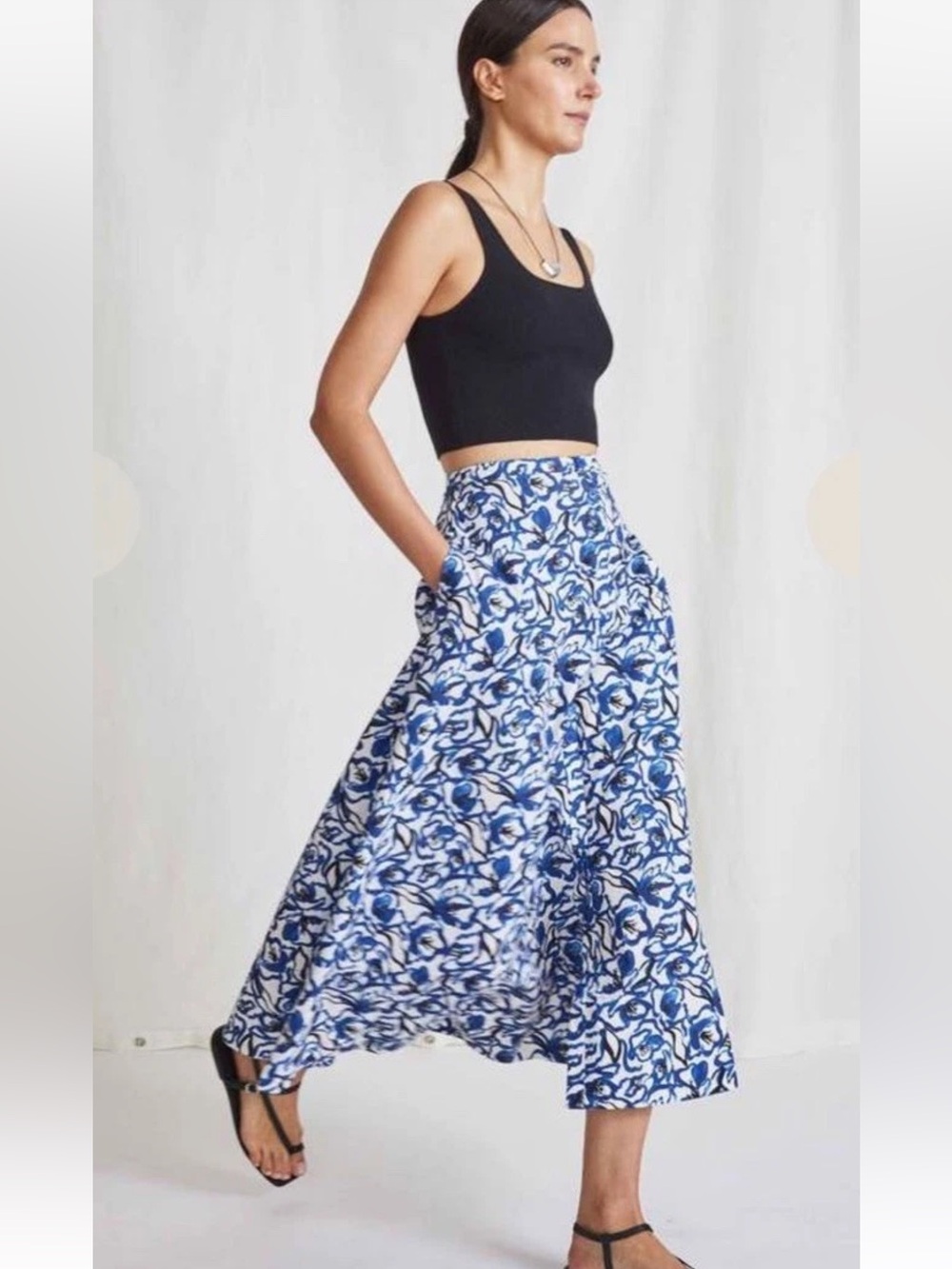 Apiece Apart Hisa Brushed Blue and White Floral Midi Skirt Sz 4